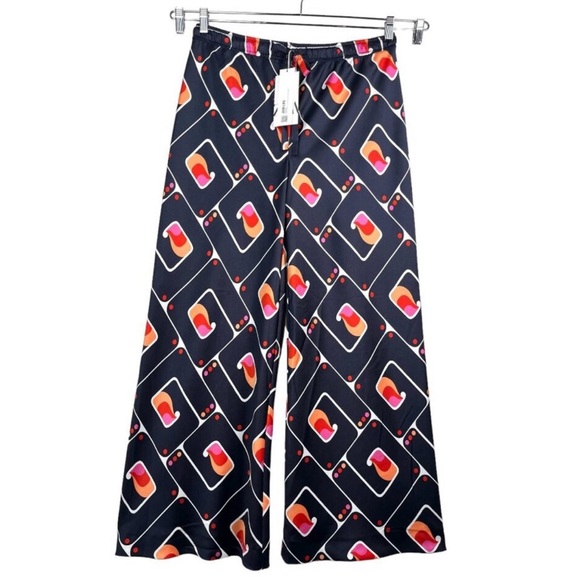 ZARA Geometric Abstract High Waisted Elastic Wide Legged Blue Pants Size M NEW - Picture 5 of 8